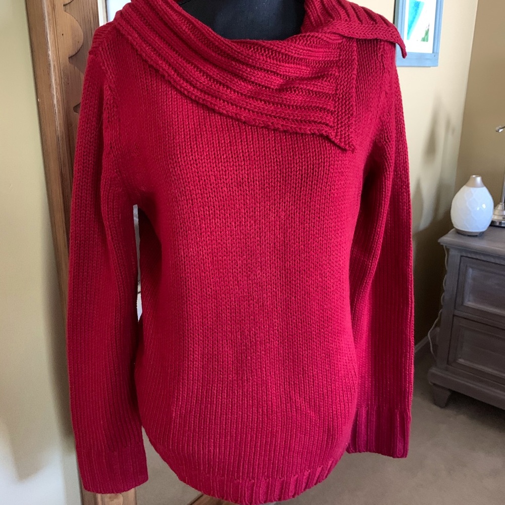 Large red cowl neck sweater, new with tags.